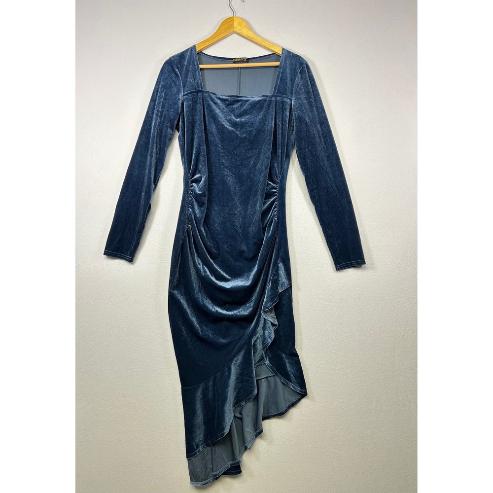 Cocktail Glam Nashalyiy Women L Blue Velvet Ruched Asymmetrical Midi Dress